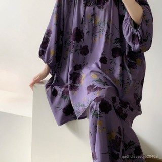 沒煩惱 免運 古風居家服 新中式睡衣 國風睡衣 可外穿女士國風2024睡衣新中式長袖新款空調夏季長褲家居服套裝女