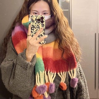 [臺灣發貨]韓式彩色圍巾 圍巾冬季新款高階感保暖加厚圍巾女冬季網紅多巴胺條紋毛球防寒披肩 學生圍巾 大圍巾 披肩