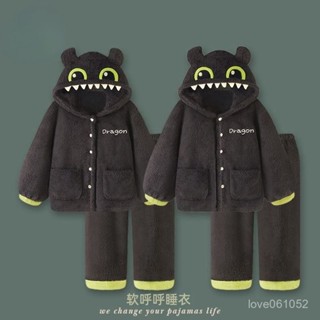 2024新款小怪獸情侶睡衣女冬珊瑚絨加厚加絨睡衣男冬季家居服套裝