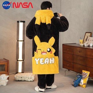 保暖睡衣 睡袍 珊瑚絨睡衣 青年睡袍 卡通睡衣 睡衣 NASA珊瑚絨睡衣男士秋冬季加絨加厚保暖卡通皮卡丘青年睡袍男套裝