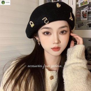 【臺灣出貨】🔥MIJIU✨秋冬貝雷帽 親子小香風女孩重工愛心貝雷帽珍珠金屬羊毛呢雲朵畫家帽百搭