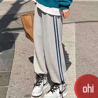 【ohi】灰色運動褲 百搭休閒褲 女生直筒褲 ins風闊腿褲 鬆緊腰學生風長褲 休閒長褲 女生衣著(GI888)