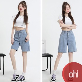 【ohi】港風復古直筒牛仔五分褲 女生淺藍水洗牛仔短褲 直筒高腰顯瘦牛仔短褲夏季寬鬆闊腿五分褲女GJC5040