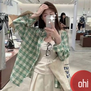 【ohi】法式綠色格子襯衫外套 防曬衫 長袖襯衫 學院風襯衫女 女生襯衫 襯衣 襯衫 上衣 女裝 GSN128