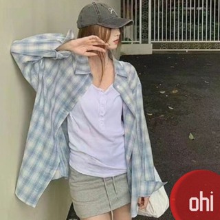 【ohi】韓系慵懶風格子長袖襯衫 長袖襯衫 學院風襯衫女 女生襯衫 襯衣 襯衫 上衣 女裝 GSNA94