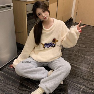 半邊絨可愛狗狗睡衣少女冬季長袖套裝ins風卡通加厚珊瑚絨家居服 居家服 臘腸小狗 可愛睡衣