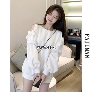 免運🔥【甜美爆款】時尚上衣 辣妹長袖大學T 蝴蝶結長袖露肩大學T 女裝春秋季薄款大尺碼女裝 大尺碼上衣大學t