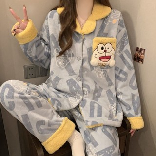 家居服 ✨2024新款珊瑚絨睡衣女冬季保暖加絨加厚家居服搞怪卡通法蘭絨套裝 居家服 長袖家居服 睡衣套裝 居家睡衣