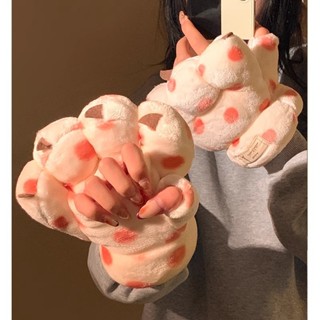 臺灣熱賣可愛黃色熊掌波點半指毛絨手套女加絨加厚騎行保暖防寒2024年冬季