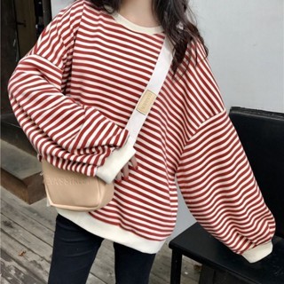 爆款M-4XL 大尺碼長袖大學t女 秋季新款寬鬆顯瘦薄款衛衣女胖mm加肥加大寬松條紋上衣潮