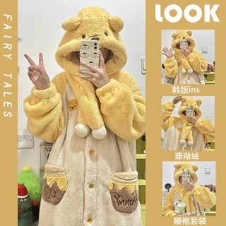 【玖元玖】韓版秋冬季款珊瑚絨睡衣女加絨加厚法蘭絨睡袍可愛維尼熊連帽家居服套裝