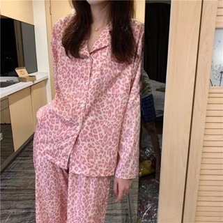 Lam💕睡衣 睡袍 豹紋春秋季新款甜美可愛日系豹紋長袖睡衣可外穿居家服女學生兩件套裝