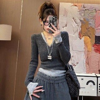 百搭氣質v領假兩件針織衫慵懶風套頭修身女上衣過年女裝衣服 長版毛衣 短版毛衣 毛線衣 羊毛衫女 女裝冬天韓裝