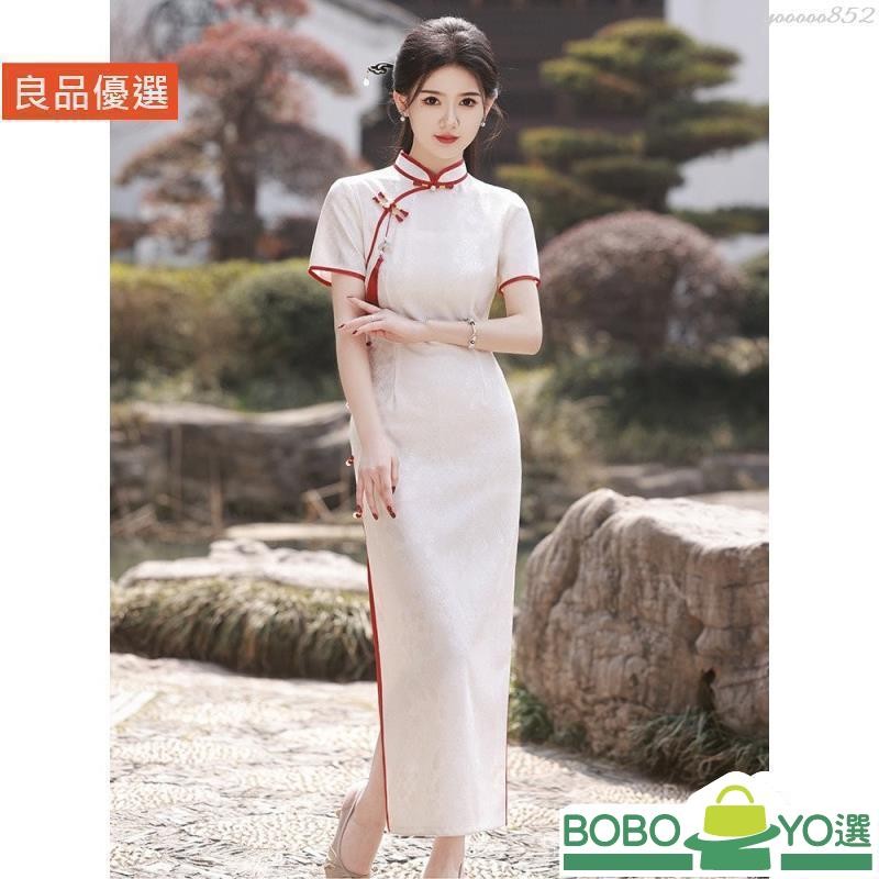 BOB優選❤25素雅旂袍 白色蕾絲改良旂袍 複古民國風優雅氣質年輕款連衣裙 尾[BY003]牙聚會 宴會主持服