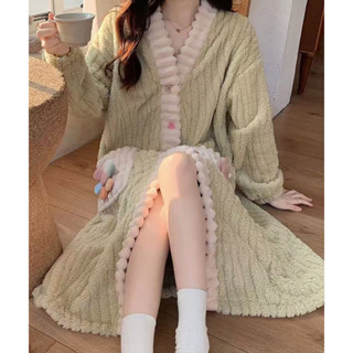 🌸臺灣特價🌸悠米 毛絨睡衣女冬季珊瑚絨加厚加絨秋冬長款睡袍可愛浴袍