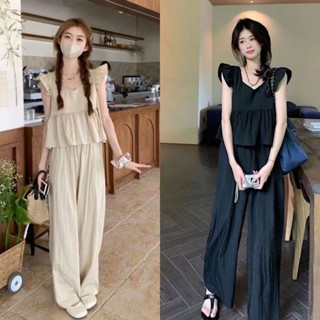 【免運】新款夏季女套裝 韓系小飛袖短版上衣 高腰休閒寬褲 女時尚套裝/低價