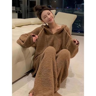純色珊瑚絨連帽睡衣女秋冬加厚家居服休閒保暖套裝外穿絨毛睡衣 長袖保暖家居服 珊瑚絨上衣 法蘭絨上衣 搖粒絨睡衣 睡衣可愛