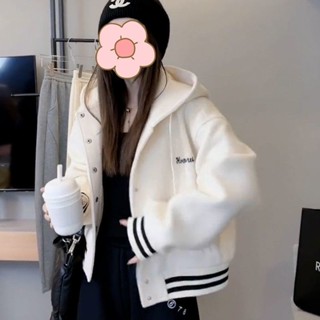 see 棒球服外套 oversize外套 春秋外套 美式復古字母刺繡連帽夾克棒球服女春秋新款寬松休閑短款外套上衣
