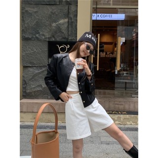 Annie💖韓版經典簡約法式復古圓領長袖皮衣外套