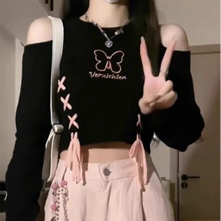 【Sweet Oversize】針織甜辣妹風露肩秋冬設計感修身顯瘦獨特短款上衣長袖