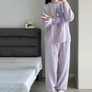 可可裡💥韓國ins可愛小熊加厚珊瑚睡衣女秋冬季法蘭絨保暖家居服套裝
