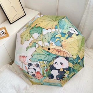 油畫風夏日荷塘熊貓全自動雨傘女晴雨兩用黑膠防曬傘遮陽傘太陽傘折疊傘 自動傘 兒童摺疊傘 學生雨傘 卡通雨傘 兒童雨傘