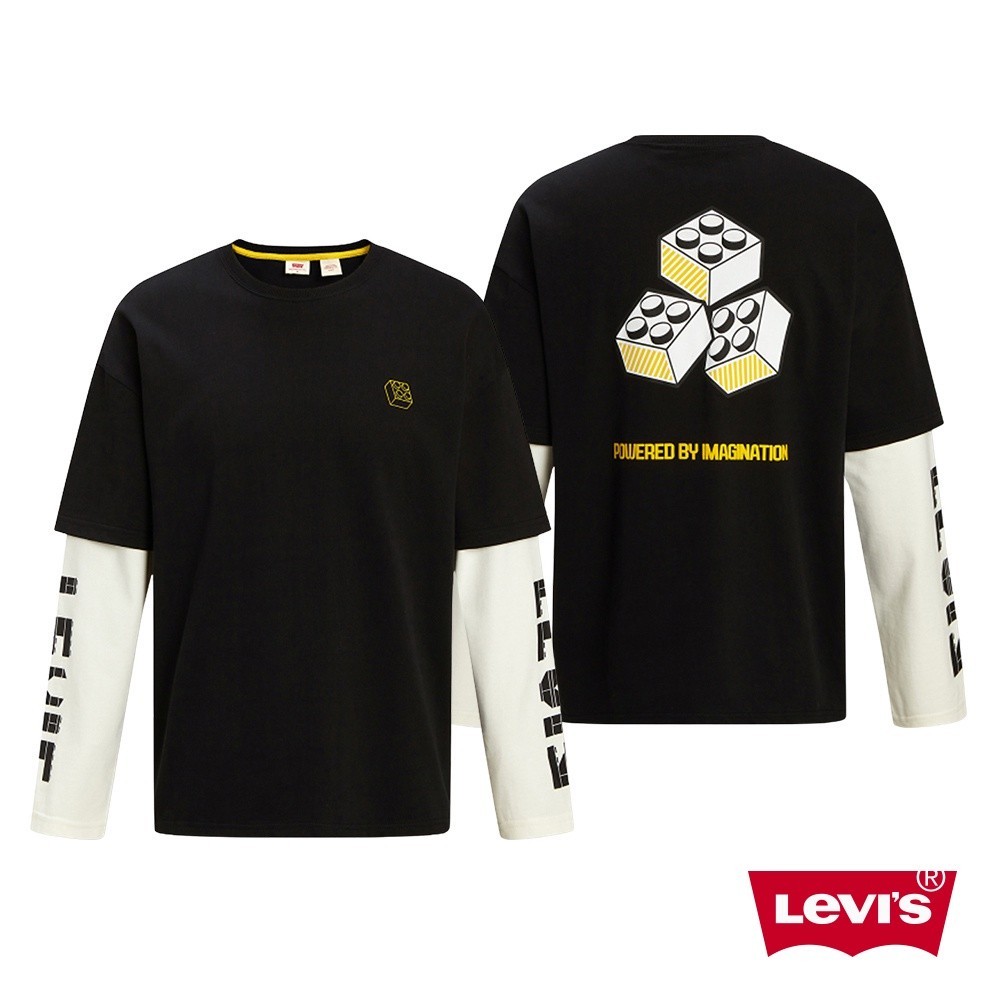 Levis X LEGO限量聯名 男女同款 寬鬆版假兩件長袖T恤 / 樂高積木印花 黑 熱賣單品 A5439-0001