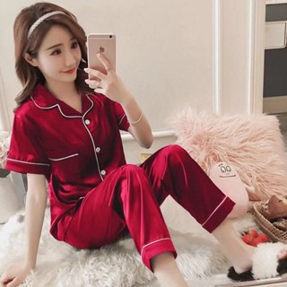 嘉義出貨♕睡衣女夏春秋季短袖長褲性感韓版學生絲綢加大尺碼家居服兩件套裝M-XXL