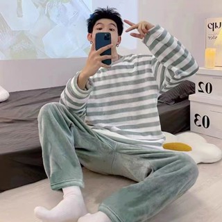 珊瑚絨睡衣男士刷毛睡衣睡衣男舒適親膚睡衣冬季秋冬季珊瑚絨加絨加厚法蘭絨男士卡通冬天可外家居服套裝