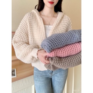 精緻女人生活館💄 韓國 春秋 新款 慵懶風 百搭 寬鬆 休閒 純色 連帽 毛衣 針織 開衫 外套 女