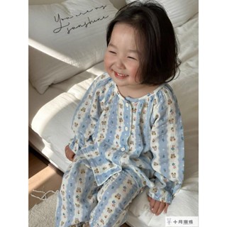 『兒童睡衣』夏季睡衣 居家服套裝 男童睡衣 女童睡衣 2024年睡衣春夏薄款寶寶卡通棉紗布家居服女童雙層薄款空調服套裝