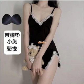 TUTU 大尺碼睡衣 居家服 開叉睡裙 純欲風 性感睡衣女 夏天帶胸墊吊帶睡裙V領ins風高顏值蕾絲內衣甜欲