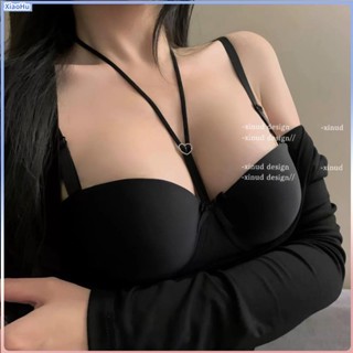 XiaoHu💕辣妹內衣女無痕光面半杯掛脖式小胸集中爆乳集中爆乳上託美背胸罩