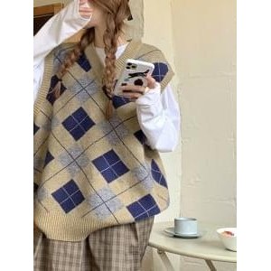 Codibook｜韓國 Wansmall 寬鬆V領菱格紋針織背心［預購］針織外套 背心 女裝