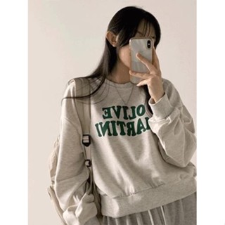 Codibook｜韓國 peachmode 橄欖字母印花半截版寬鬆圓領長袖上衣［預購］長袖上衣 大學T 女裝