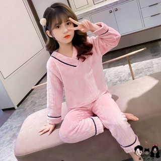 秋冬刺繡長袖 女童 睡衣 套裝 寬松法蘭絨保暖 兒童 家居服 中大童空調服 女童裝 居家服 兒童睡衣 長袖睡衣 睡衣套裝
