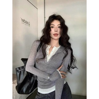 假兩件拼接撞色長袖T恤女秋季修身顯瘦打底衫設計感氣質百搭上衣