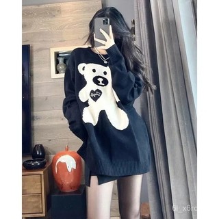 大尺碼中長款毛衣~多巴胺胖mm毛衣女過臀慵懶風圖案小熊提花卡通寬鬆150kg加大碼oversize休閒可愛毛衣