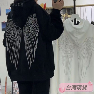 Twiggie❥大學T寬鬆上衣冬裝長袖t恤長袖oversize帽T韓版上衣網紅複古天使翅膀燙鑽連帽衛衣女