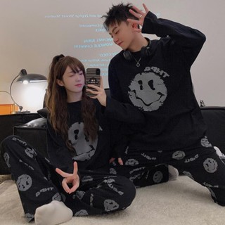 Meet.You.300斤大碼韓國笑臉情侶睡衣胖MM春秋款長袖男女士簡約家居服套裝