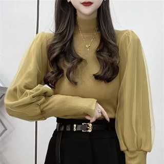 歐洲站長袖女 德絨時尚半高領長袖內搭打底衫T恤女秋冬新款拼接顯瘦氣質上衣潮 長袖t恤女 大尺碼歐貨上衣 春秋保暖衣上衣女