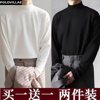 【Nobodyknows男裝】新款 德絨長袖T恤男秋冬季加絨加厚半高領打底衫港風潮流內搭上衣