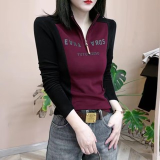 打底衫女新款春秋雙面德絨長袖百搭保暖T恤女裝印花洋氣時尚拚接長袖上衣秋天女裝 長袖打底衫