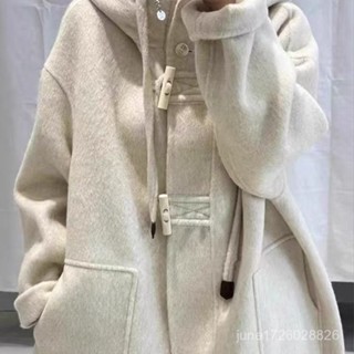 歐洲站連帽中長版羊毛呢大衣女單排扣休閒寬鬆顯瘦高階羊絨外套潮 羊毛大衣外套 羊絨外套 毛呢外套 女裝1013 JGOE