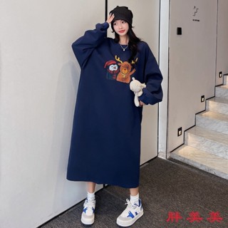 【M-5XL大尺碼】大尺碼洋裝 連衣裙 長袖洋裝 胖MM 顯瘦 過膝圓領加絨衛衣長裙新款胖mm2-300斤過膝卡通印花休