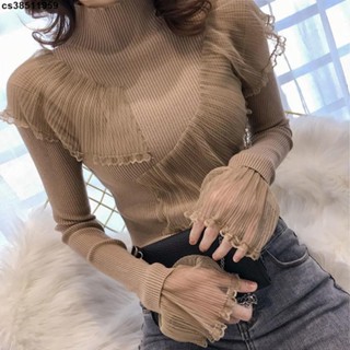 休閒修身毛衣👚 蕾絲拼接荷葉邊毛衣女2024秋冬新款半高領修身針織打底衫上衣女潮