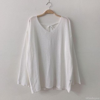 七喜服裝 冰絲針織衫女 罩衫 夏天防曬衣 長袖上衣 鏤空薄款透明罩衫 防曬衫 設計感 ins露背長袖v領透感上衣