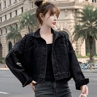 黑色釘珠牛仔外套女春秋款百搭複古時尚矮個子牛仔服大碼寬鬆上衣BOWT~~