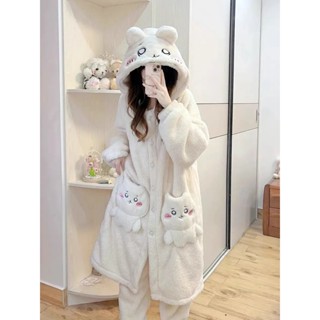 ✨chiikawa✨可愛小八連帽珊瑚絨睡衣女 冬季加絨加厚長褲毛絨睡袍家居服可外穿