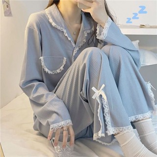 新店優惠 少女甜美 日係可愛 家居服 韓版ins睡衣女秋冬蕾絲花邊宮廷風長袖甜美公主風外穿家居服套裝